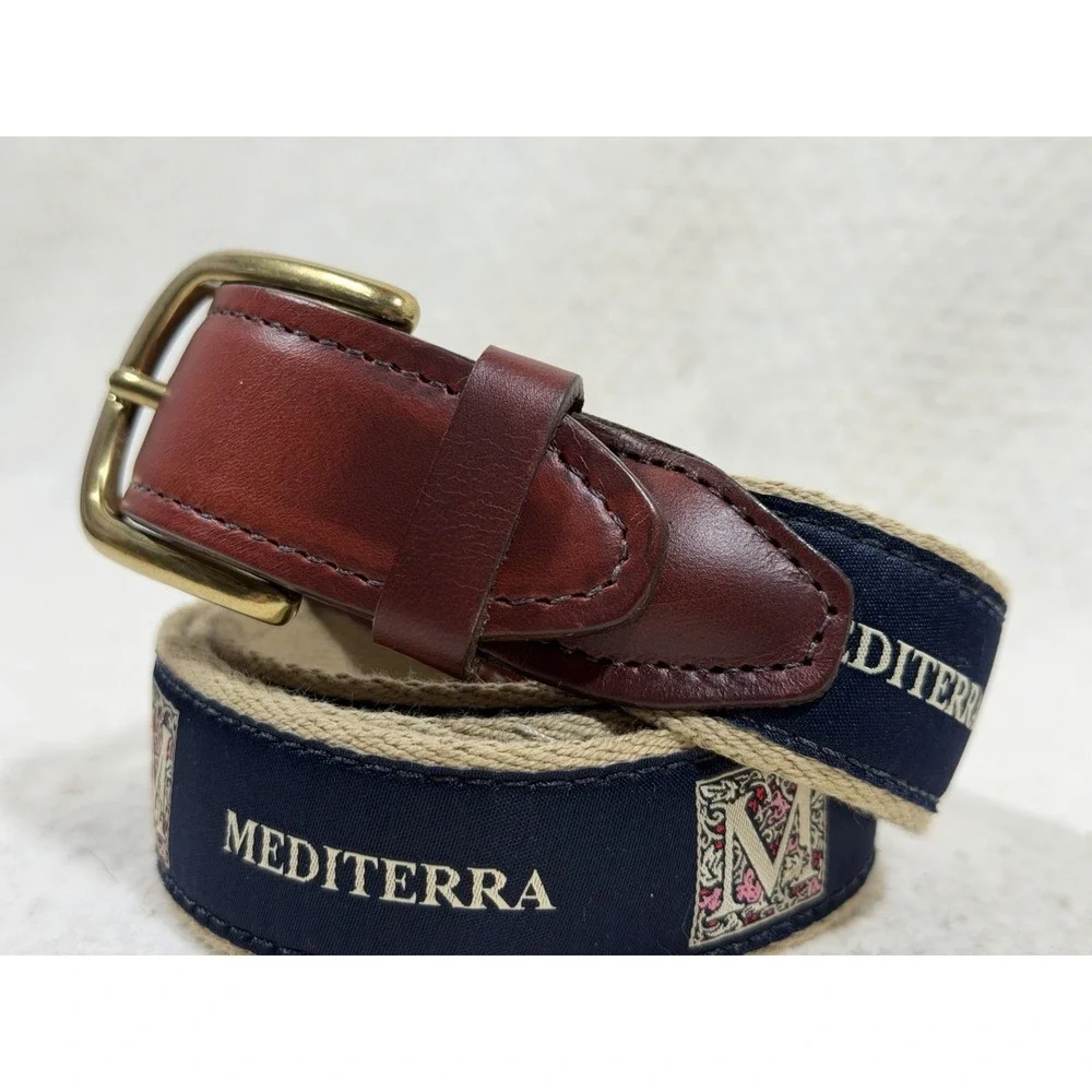 YRI Mediterranean Belt Mens 44 Canvas Leather Nautical Coastal‎ Prep Brass USA